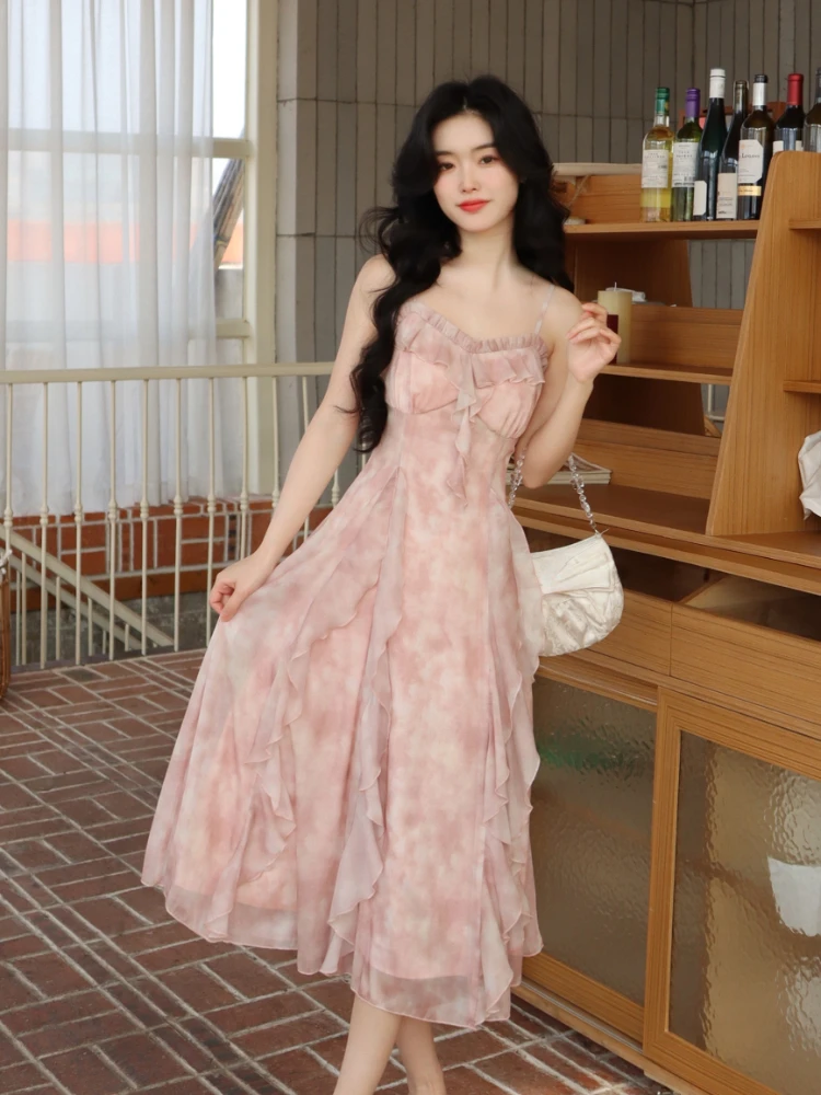 Casual Fairy Floral Strap Dress Women Chiffon Elegant Evening Party Midi Dress Ruffle Sweet Korean Dress Women Sweet Summer 2023