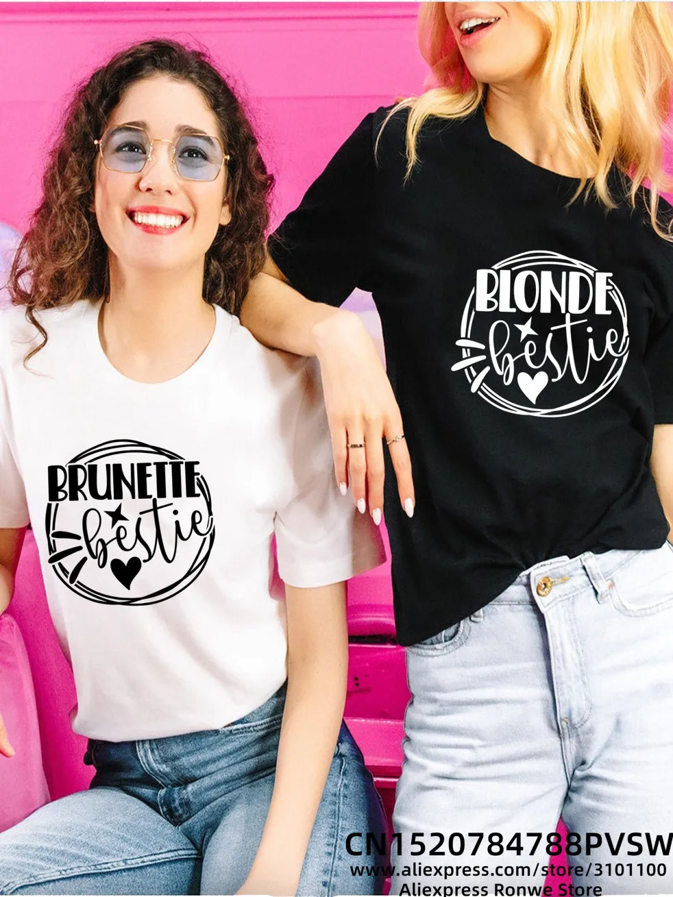 Blonde Brunette Bestie Women Cotton T-Shirts Girl Best Friend Sister Group Graphic Designed Tops Tees BFF Matching Clothes