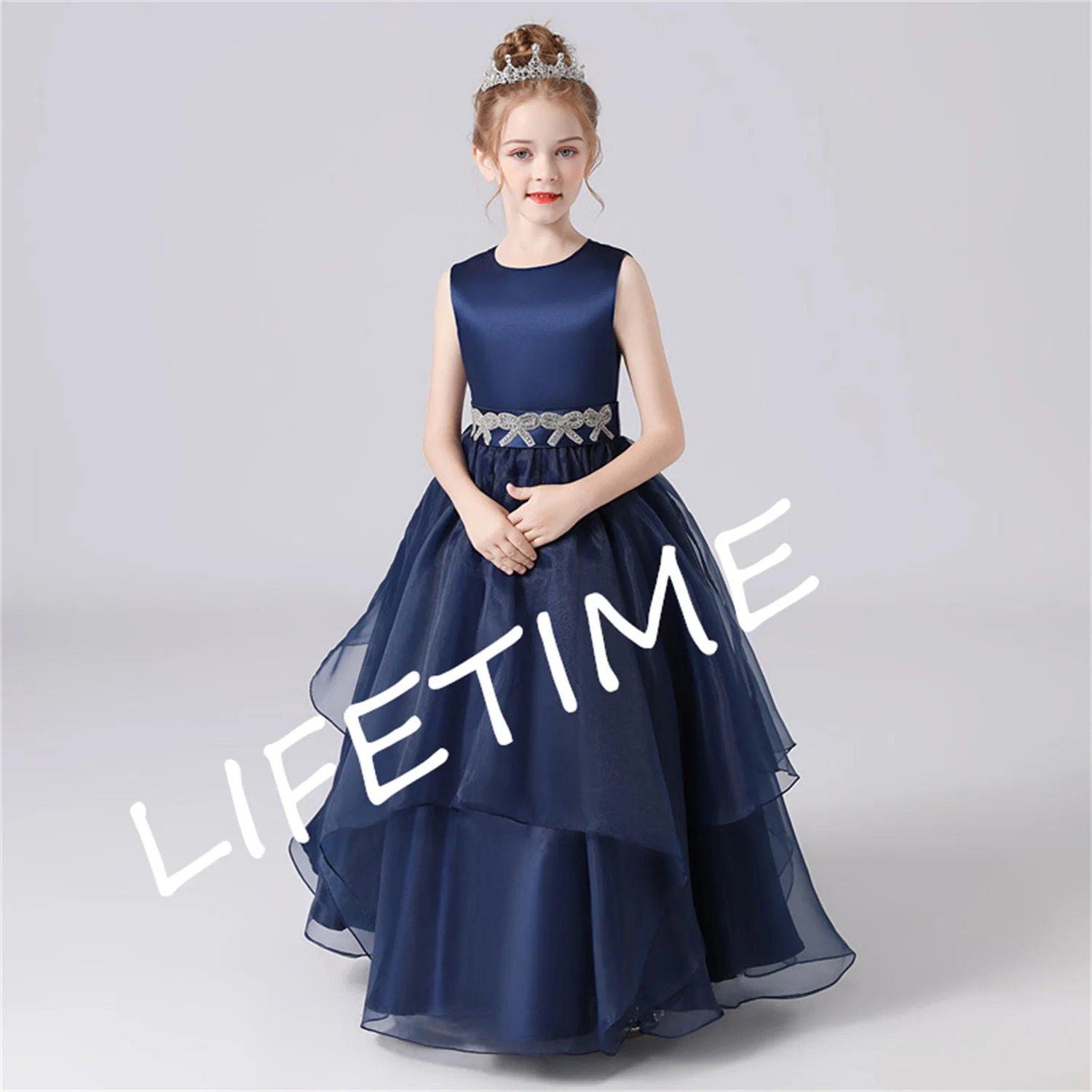 Marineblaue Schärpen Perlen Bogen gestufte Blumen mädchen Kleider Organza Prinzessin Abendkleider Kinder Geburtstags feier Kleid