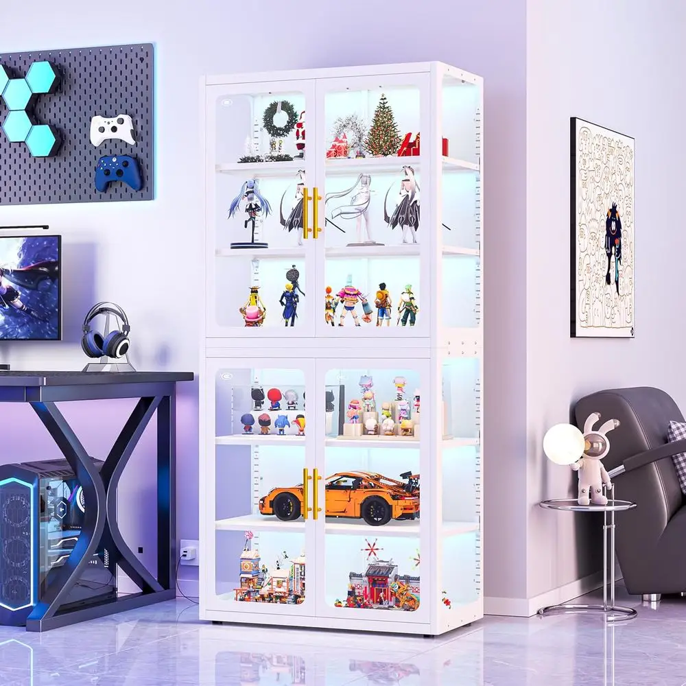 68 White Glass Display Cabinet with RGB LED Lights, 4 Adjustable Shelves for Collectibles and Storage