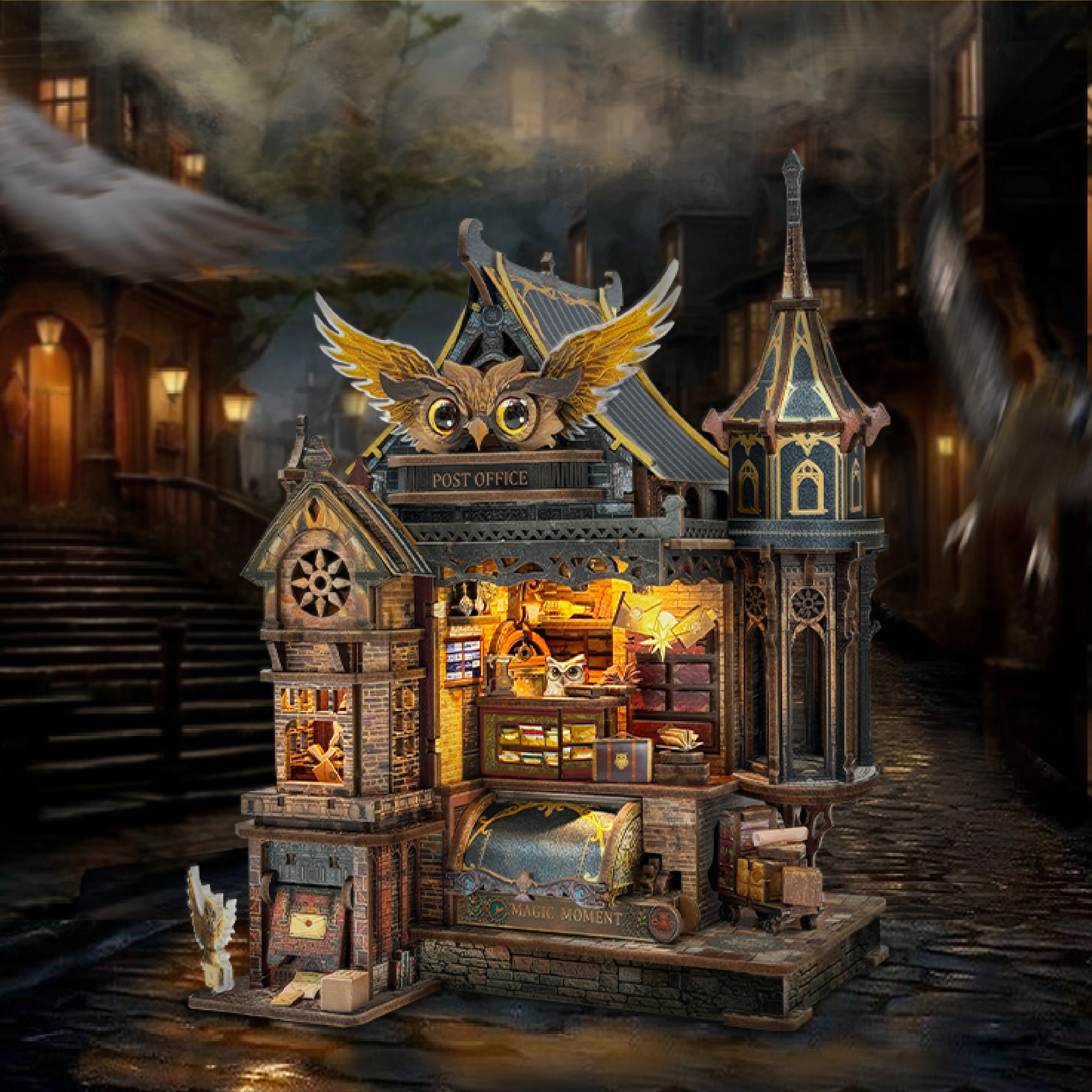 DIY 3D Wooden Owl Post Office Jigsaw Puzzles Miniature Model Kits with Lights for Friends Girls Birthday Gifts