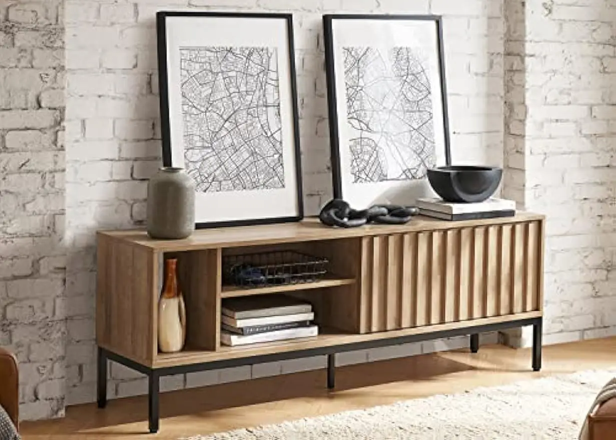 

64" Rustic Industrial Modern TV Stand, Media Cabinet, TV Console Suits TV up to 70 inch, with Fluted Panel Sliding Door