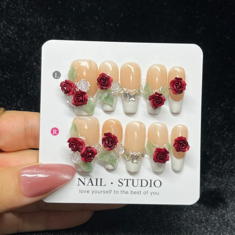 

10PCS Simple Nude Medium Coffin Press on Nails Handmade 3D Red Roses White French Fake Nails Tips Wearable Sweet Stick-on Nails