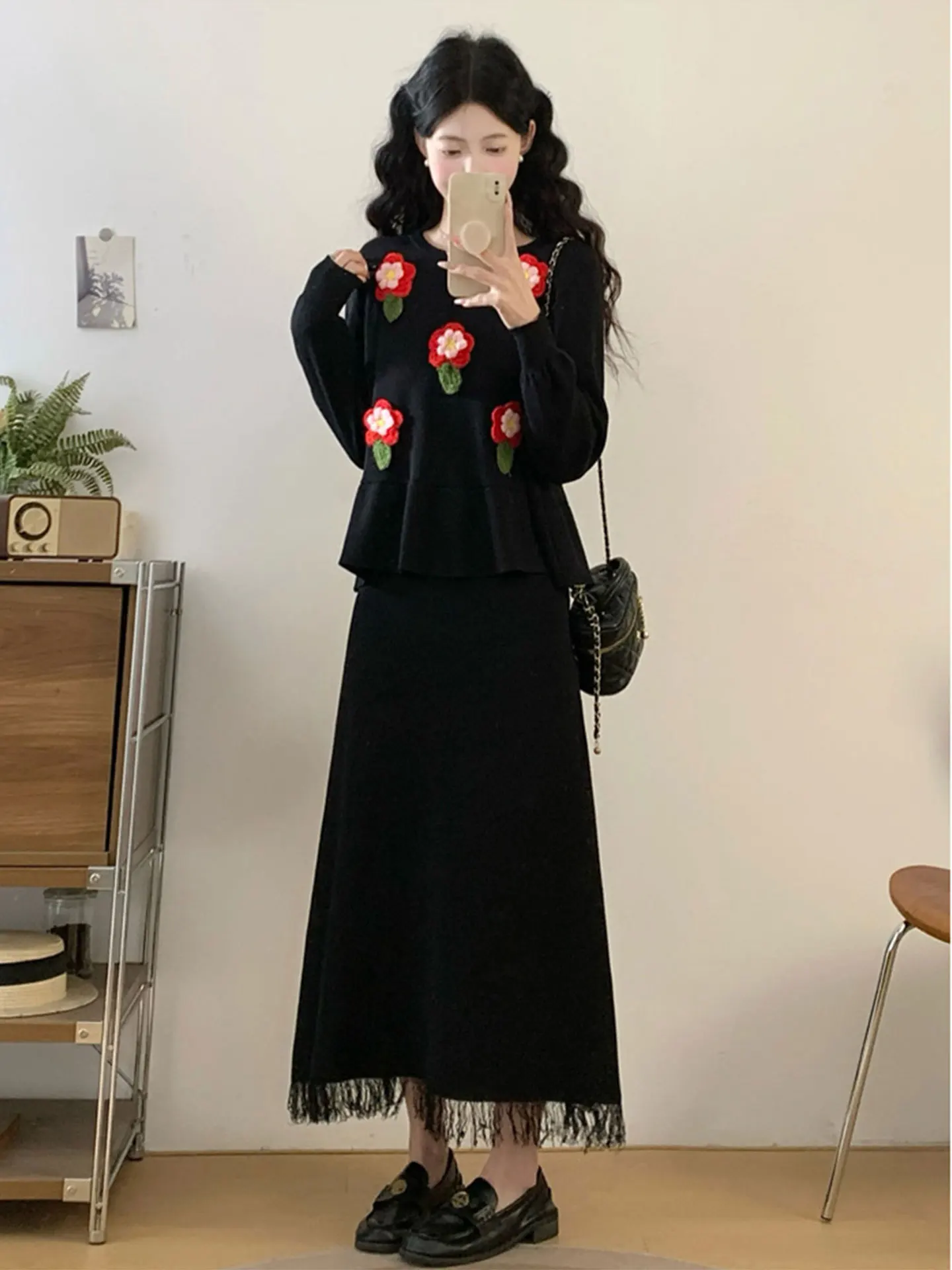 Tamanho grande feminino camisola de malha colete saia conjunto floral bordado inchado duas peças suíte commute coreano sle primavera temporada