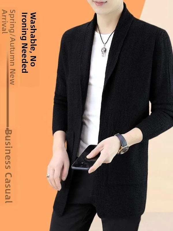 

2024 New Men's Knitted Open Cardigan Sweater Jaet Mid-Length Casual Trendy Collarl Coat Spring Autumn Casual Wear