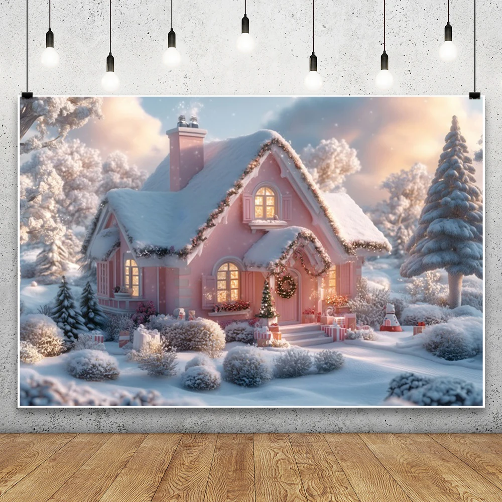 Merry Christmas Background Photography Winter Snow Pink House Xmas Tree Decor Kids Holiday Portrait Photo Backdrops Studio Props