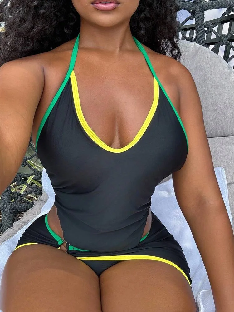 

Color Trim Two Piece Swimsuit Halter Neck Bikini Sets with Contrast Edging Luxury Beachwear Sexy V Neck Vest Tops Shorts Set New