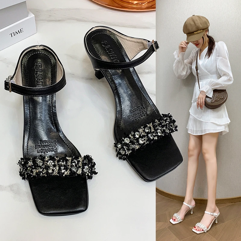 Versatile sandals, women's high heels, rhinestones, French socialite temperament, one line strap, women's sandals and slippers