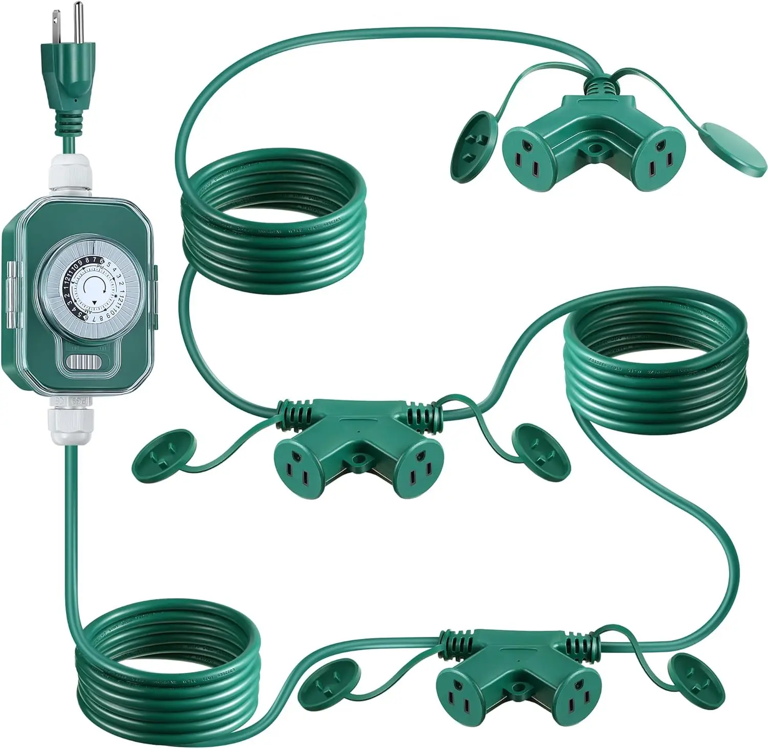 50 foot outdoor extension cord with mechanical timer and 6 socket plugs, 16AWG SJTW green power cord