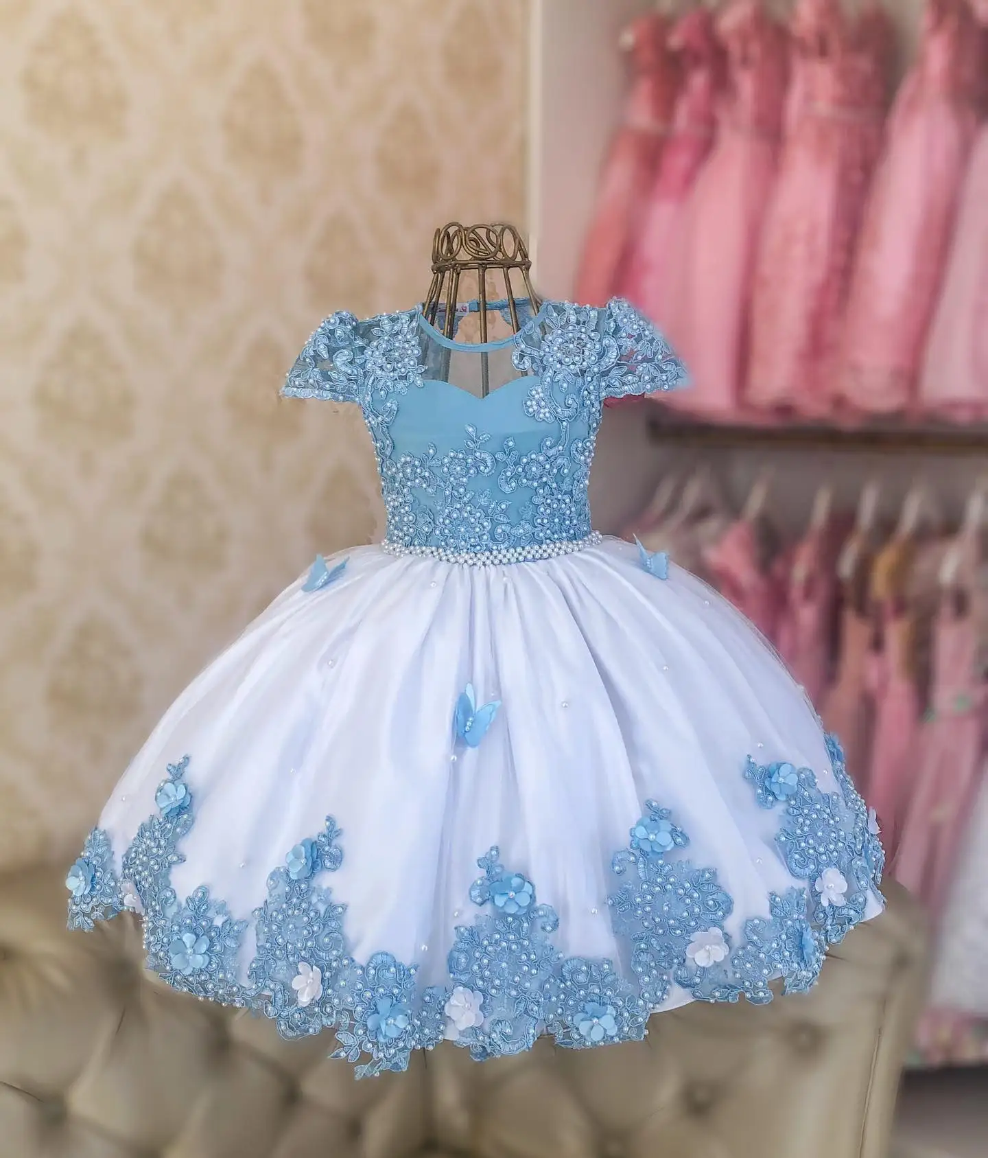 Light Sky Blue and White Flower Girls Dresses For Weddings Customized Lace Birthday Children Tulle Dress Girl Pageant Gowns