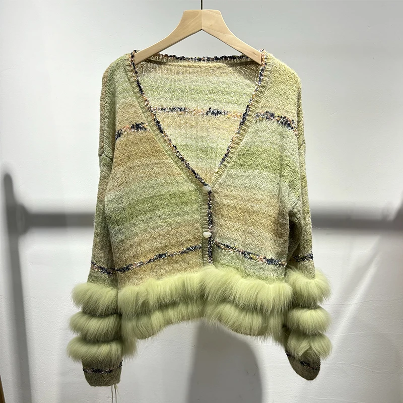 2025 Musim Gugur Wanita Jaket Sweater Rajut Tipis Dekorasi Bulu Rubah Berwarna Gradasi