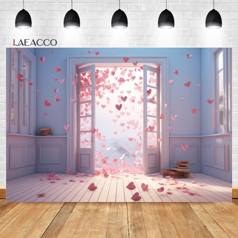 

Laeacco Indoor Wedding Backdrop Pink Sweet Love Hearts Door Valentine's Day Wedding Bridal Party Portrait Photography Background