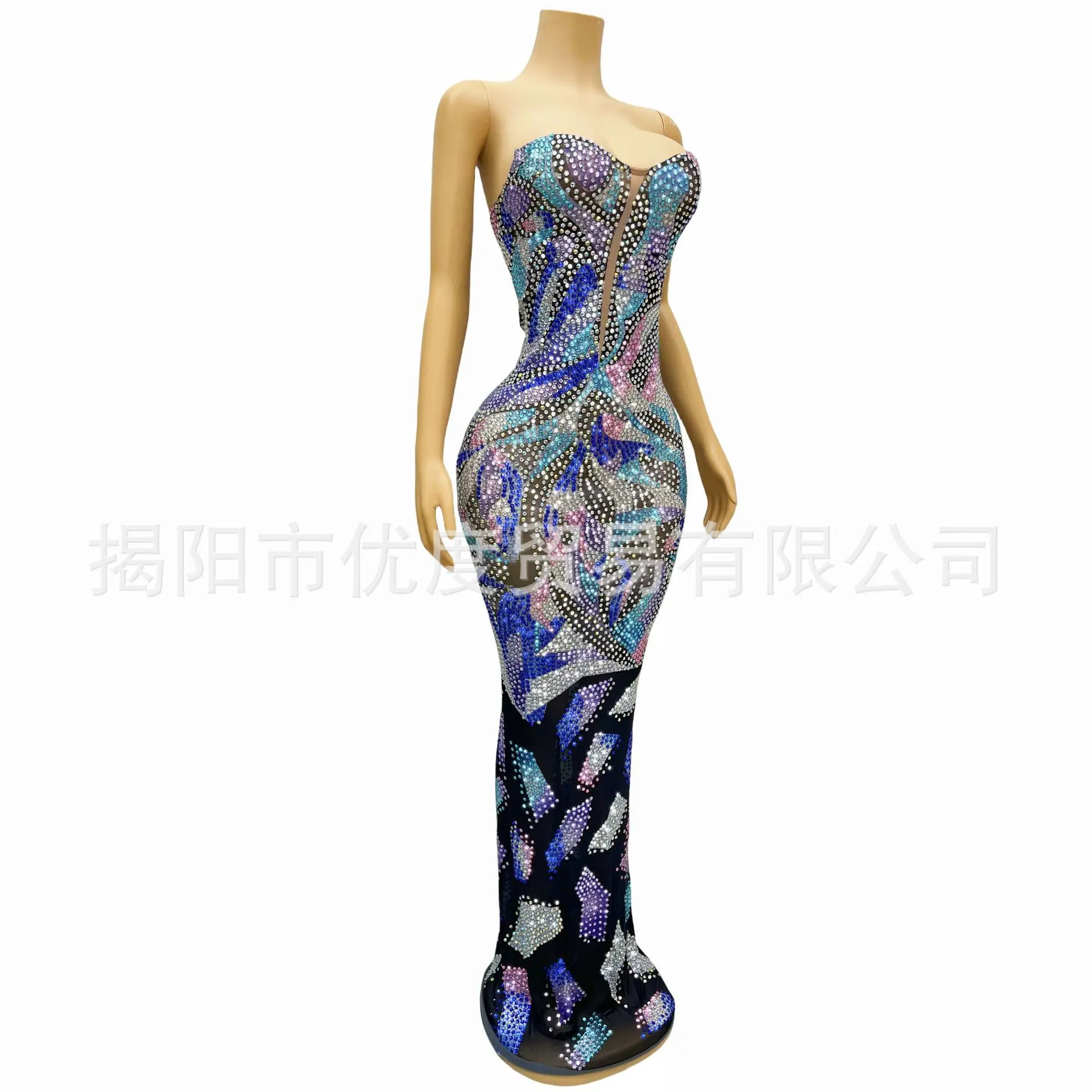 Indústria pesada artesanal strass tubo superior desempenho terno feminino cantor palco desempenho terno brilhante vestido elástico bunting