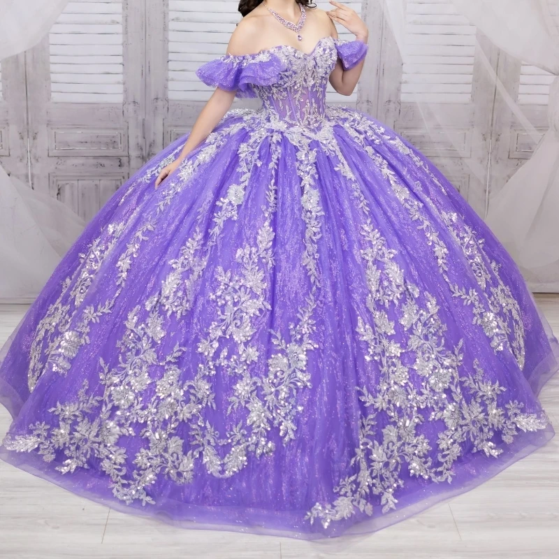 

Light Lavender Glittering Quinceanera Dresses Off The Shoulder Sequin Appliques Lace Beading Tull Vestidos De 15 Anos Birthday