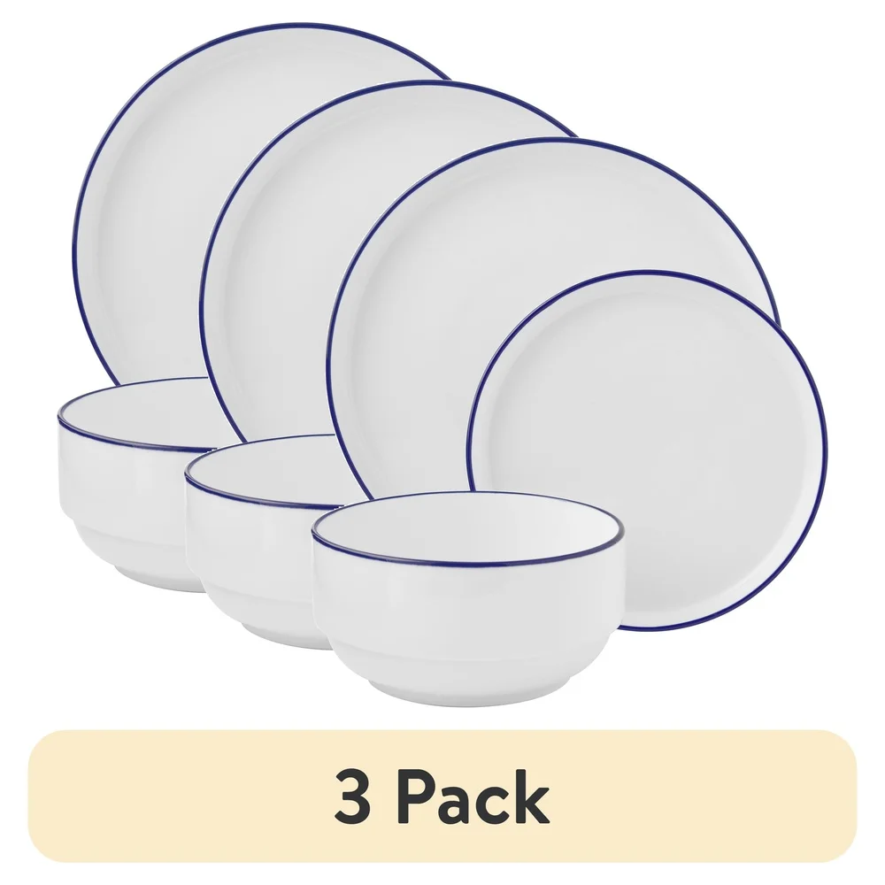 

12-Piece Stoneware Dinnerware Set Microwave Dishwasher Safe Includes Plates Bowls Modern Minimalist Design Chic Blue Rim