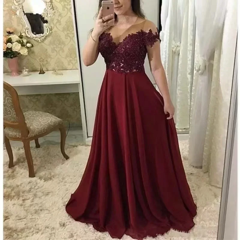 

Burgundy Plus Size Long Evening Party Gowns Chiffon Lace Vestidos de festa Sexy Illusion Neckline Special Occasion Prom Dress