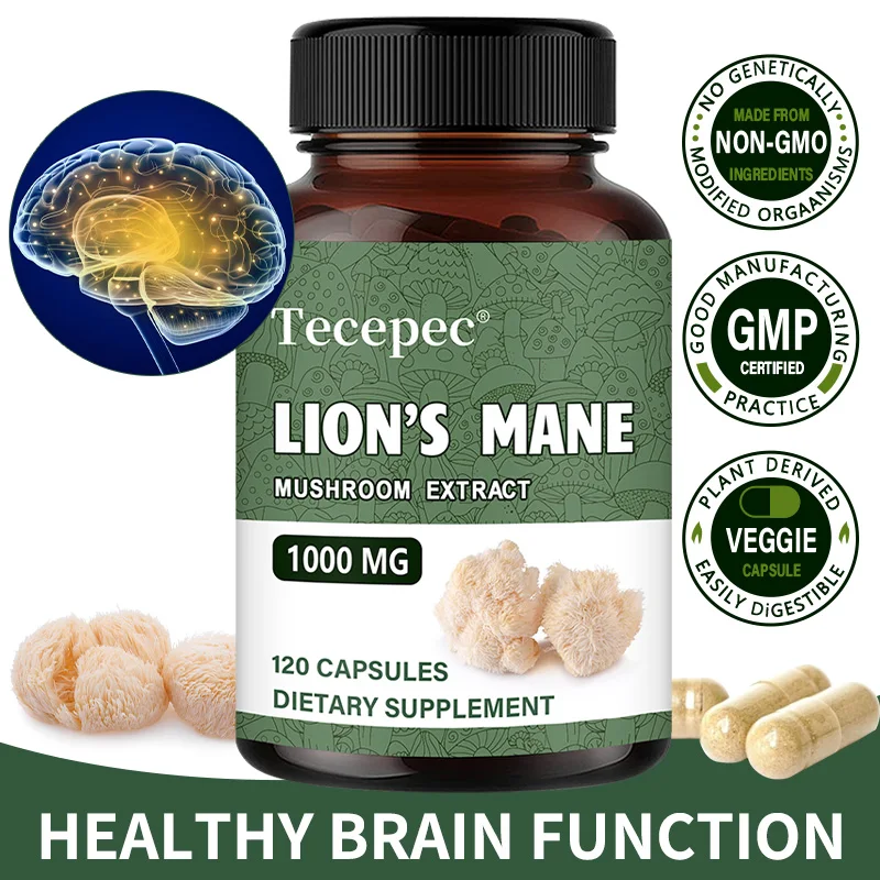 Organic Lion's Mane Mushroom Extract Capsules, Nootropic Support for Focus Memory Mood Sleep & Immune Wellness, Stress Relief