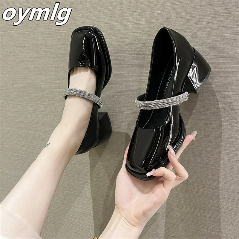 

Fashion Rhinestone Patent Leather Square Toe Shoes Women's Thick Heel 2022 New All-match Mary Jane Medium Heel Women's Shoes