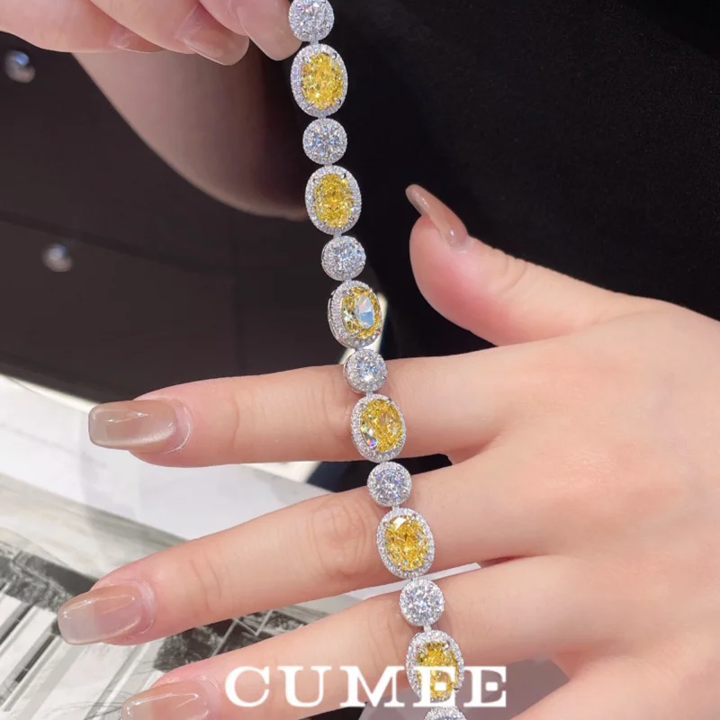 CUMEE New Classic Oval-shaped Artificial Yellow Diamond Bracelet for Women 925 Silver and Gold-plated Fine Jewelry