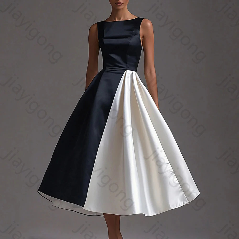 

Black White Sleeveless Boat Neck A Line Long Black Evening Dresses Exquisite High Quality Prom Party Gowns for Women Customized