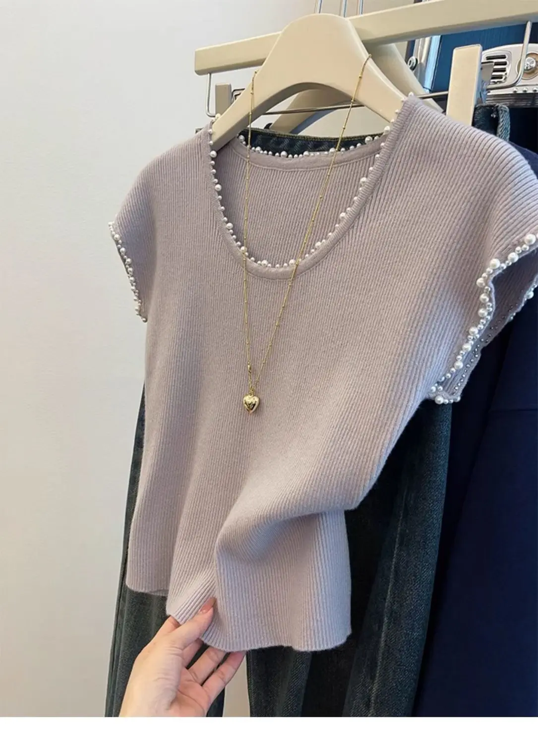 T-shirt met korte mouwen van ijszijde met kralen voor dames in de zomer Losse mode-top met vliegenmouwen