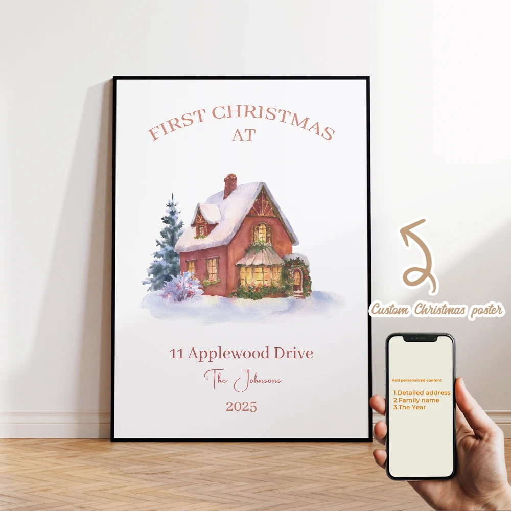 

1pcs Personalized Custom Name Cartoon Christmas Cottage Wall Art Print Picture For Christmas Living Room Kids Home Decor Gift