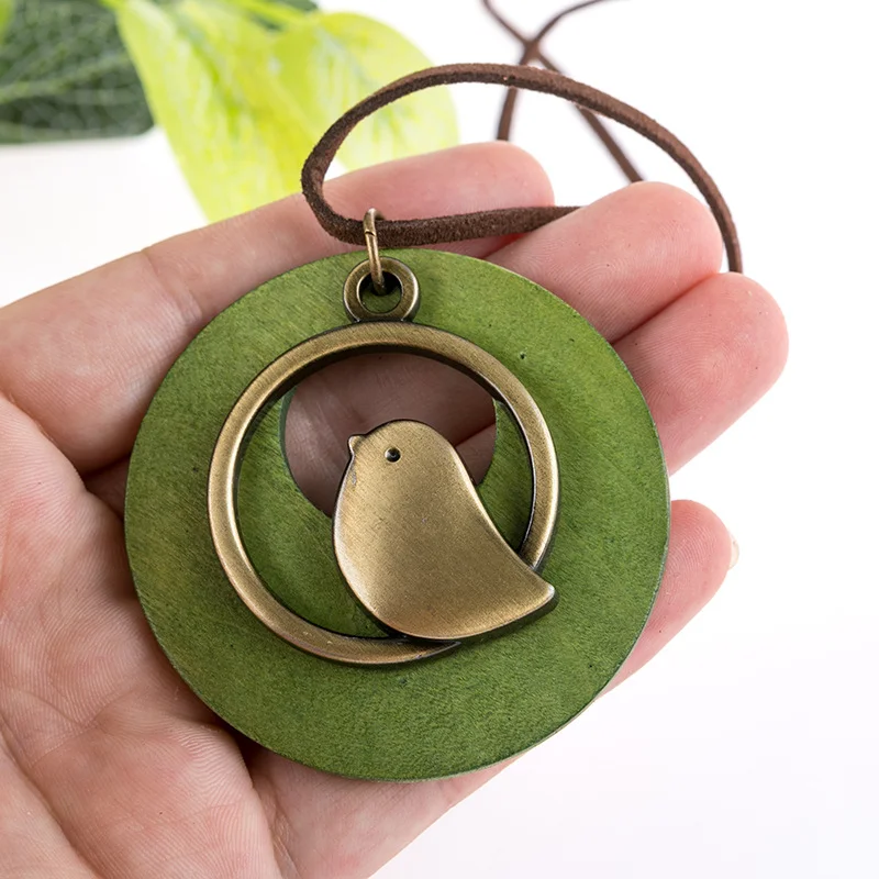 Vintage Cotton and Linen Accessories Ethnic Wind Korean Wooden Bird Pendant Long Necklace for Women Men Sweater Chain