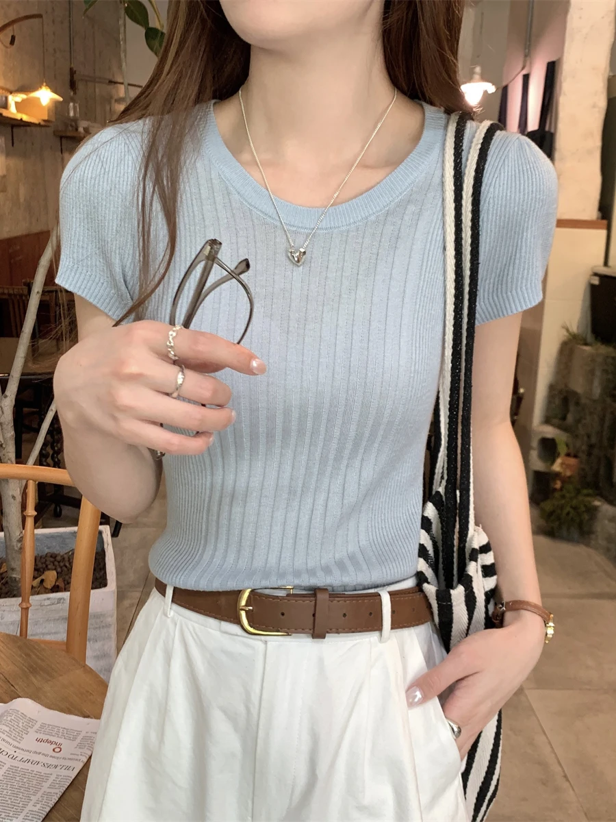 

Light Blue Knitted Short Sleeve T-Shirt Women's Summer New Ice Silk Thin Type Slimming Shoulder Level Base Top