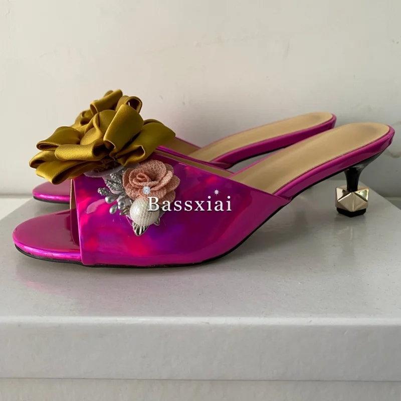 Crystal Decor Handmade Flower Sandals Women Unique Rivet Kitten Heel Patent Leather Slingbacks Summer Shoes view 4