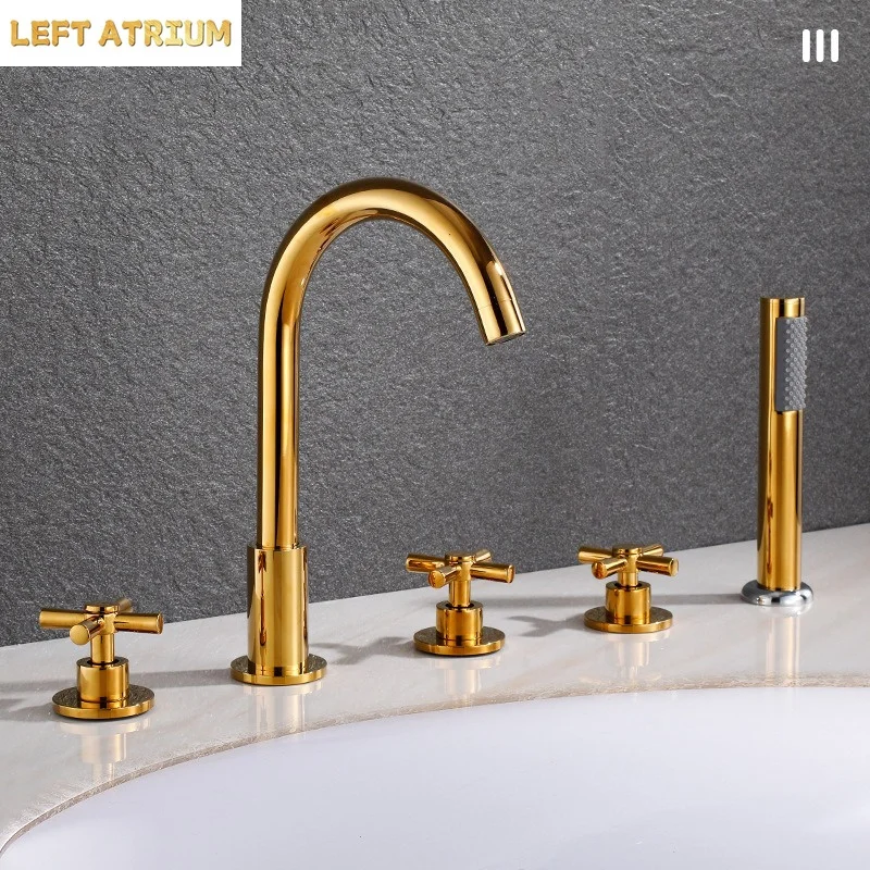 Vintage Brass Bath Faucet Five-Piece Set: Five-Hole Separate Hot and Cold Water Faucets and Shower Head for the Bathroom