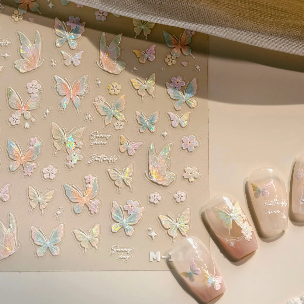 

Colorful Dreamy Shiny Cherry Bloosom Butterfly 3D Self Adhesive Nail Art Stickers Illusion Polarized Colored Manicure Decals