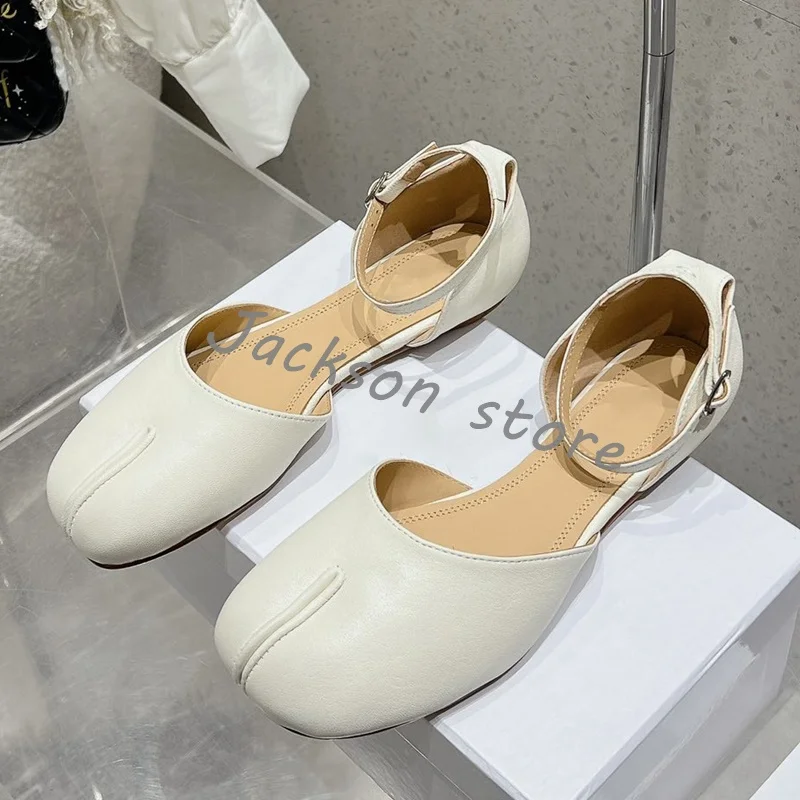 Shallow Mouth Sheepskin Tabi Brand Design Flat Loafers Women Elegant Buckle Ballet Shoes Summer Versatile Formal Dress Sandals