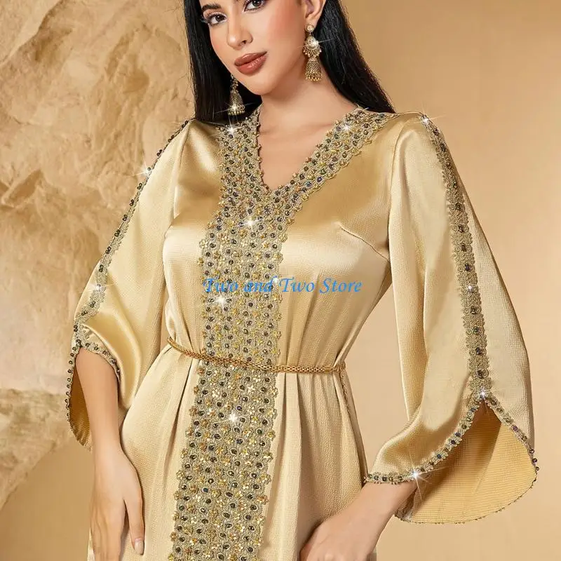HX6F Women's Long Maxi Dress Rhinestones Ethnic Gown for Bridal Evening Party