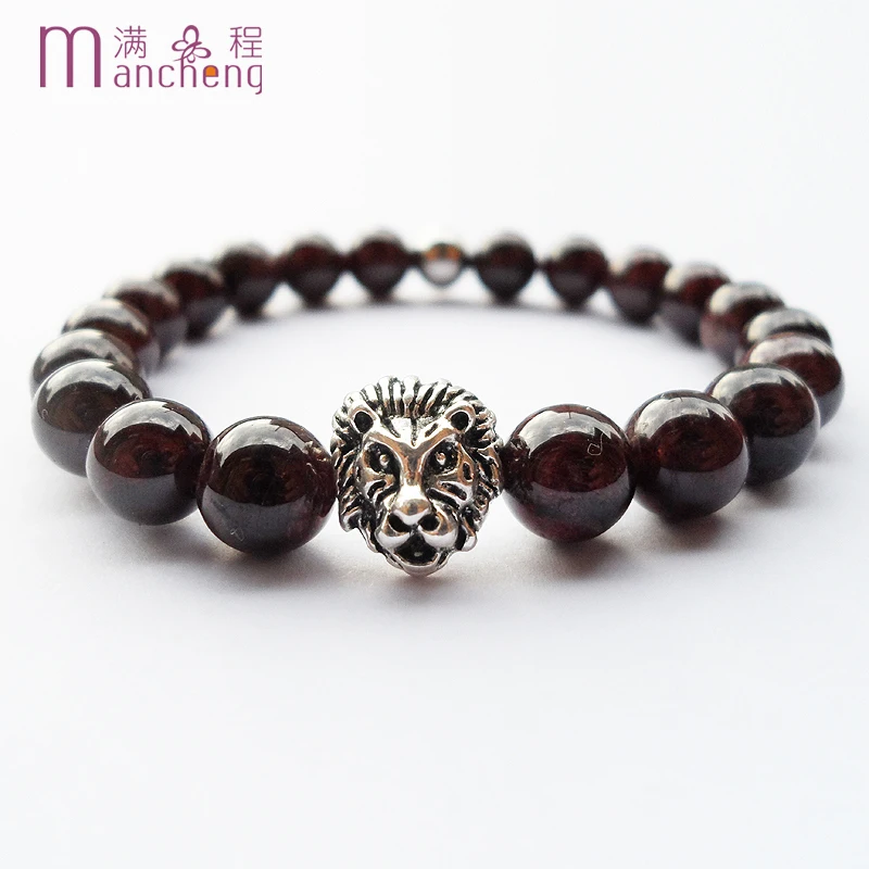 fnaf 2 rupee item 8MM Red Natural Garnet Bracelets Pulseras Mujer Stainless Steel Men Lion Head Bracelet Homme Women Ancient