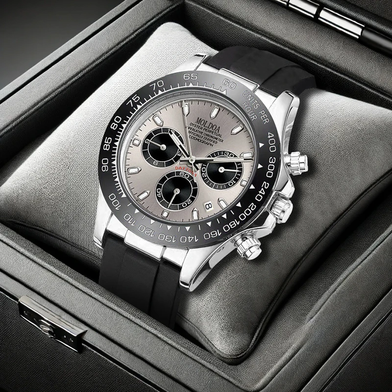 

A men's silver and black classic business-style three-subdial calendar gray dial quartz watch with a silicone strap