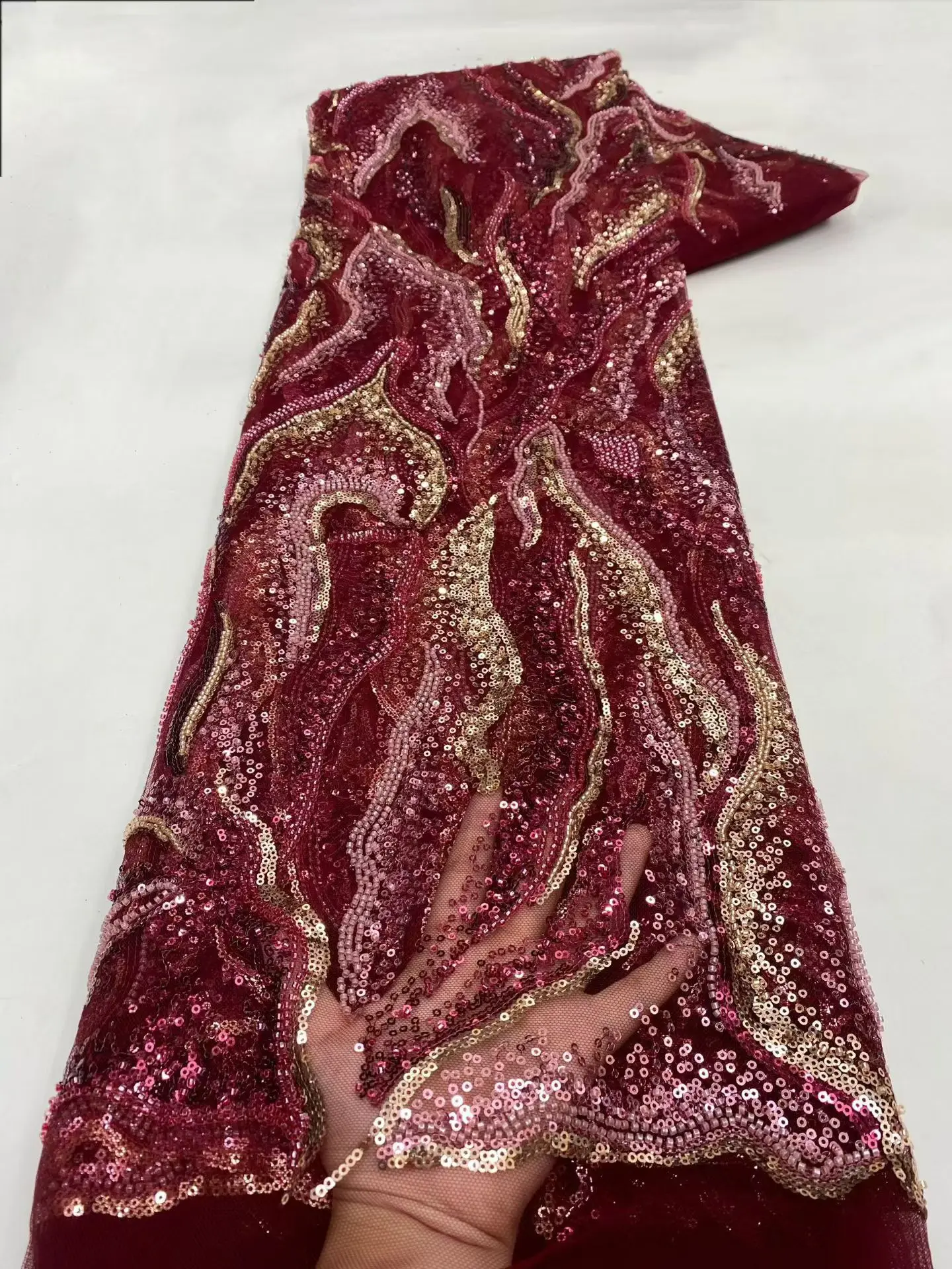 

New Arrival Wine Burgundy Sequins Beaded African Lace Fabric 2026 High Quality Handmade Beads Lace Fabric For Party Sew KXX26139