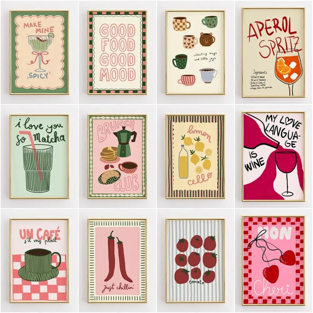 Lustiges Küchen-Zitat Poster Retro Lebensmittel-Illustration Leinwanddruck Kaffeeliebhaber Wandkunst Bild Moderne Küchen-Heimdekoration
