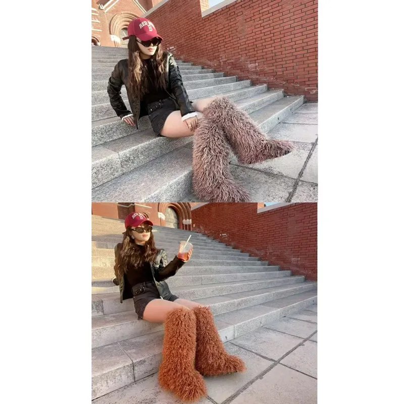 

Пушистые зимние сапоги до бедра, женские меховые длинные теплые туфли из искусственного монгольского меха, новые дизайнерские сапоги до колена с плюшевым мехом 50 см