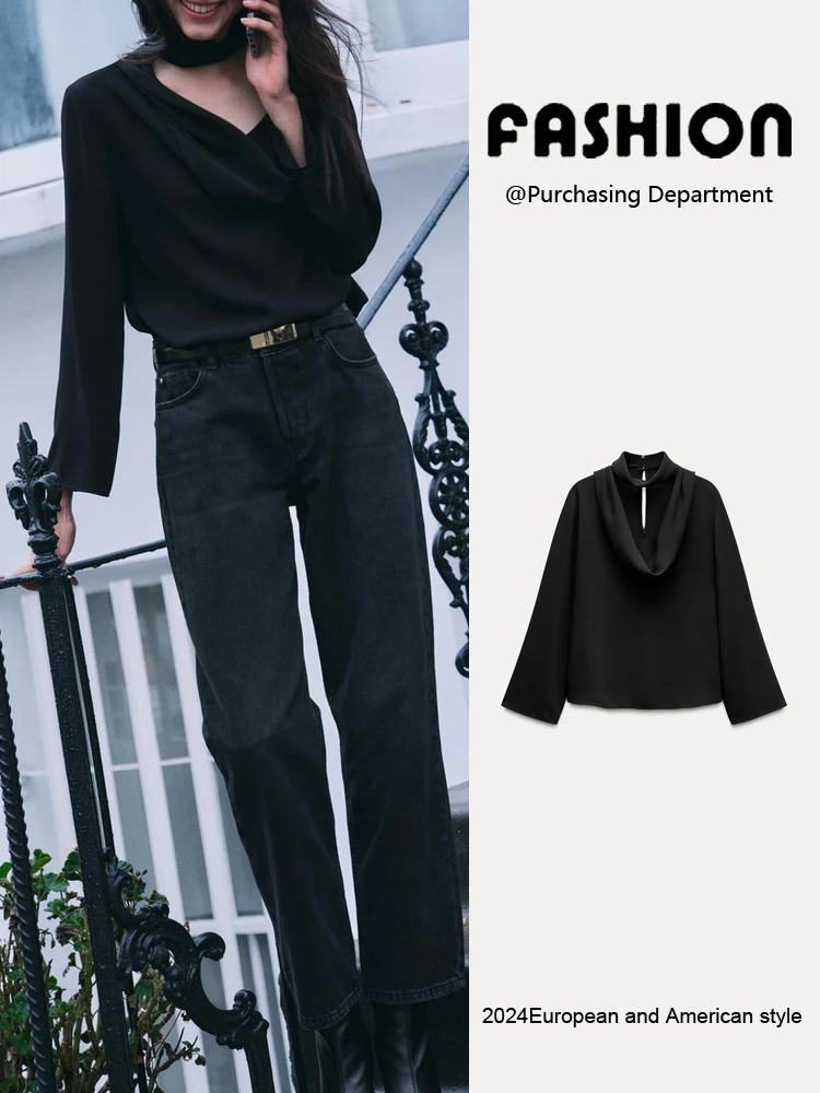 เสื้อเบลาส์ผู้หญิงคอตั้งทรงยาว แต่งระบายจีบเรียบง่าย สไตล์ใหม่รับฤดูใบไม้ผลิ