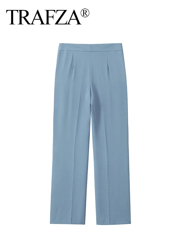 TRAFZA 2024 Woman Slim Solid Zipper Loose Trousers Women Chic Side Pockets High Waist Casual Wide Leg Pants Streetwear