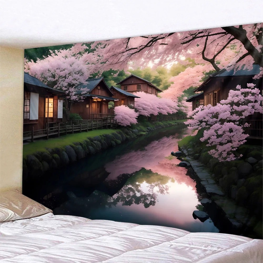 Natural Scenery Tapestry with Wooden House And Garden Stream Wall Hanging Art for Living Room And Bedroom Home Decor