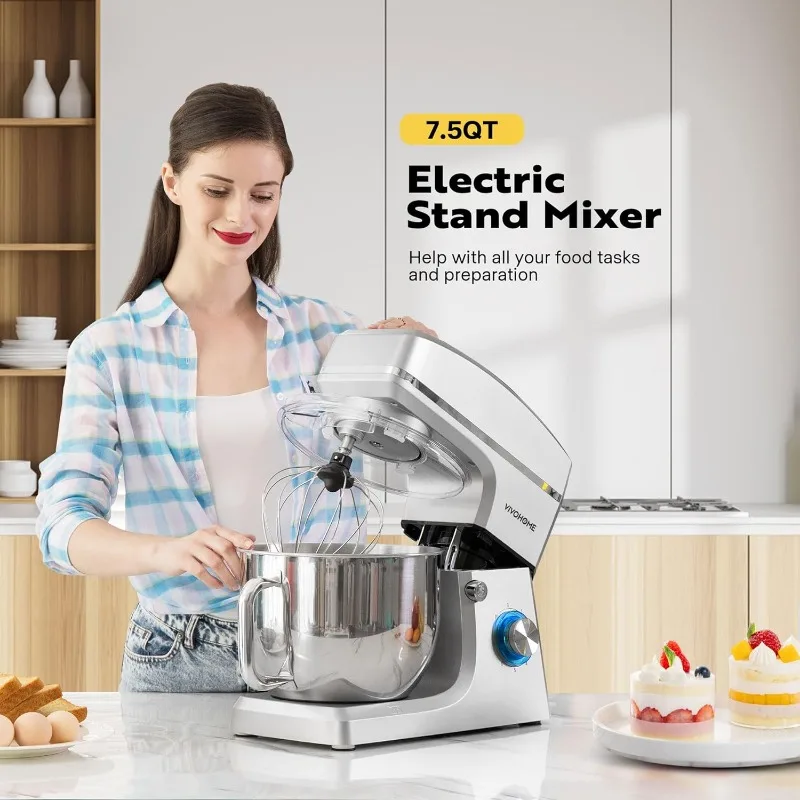 VIVOHOME 7.5 Quart Stand Mixer, 660W 6-Speed Tilt-Head Kitchen Electric Food Mixer with Beater, Dough Hook, Wire