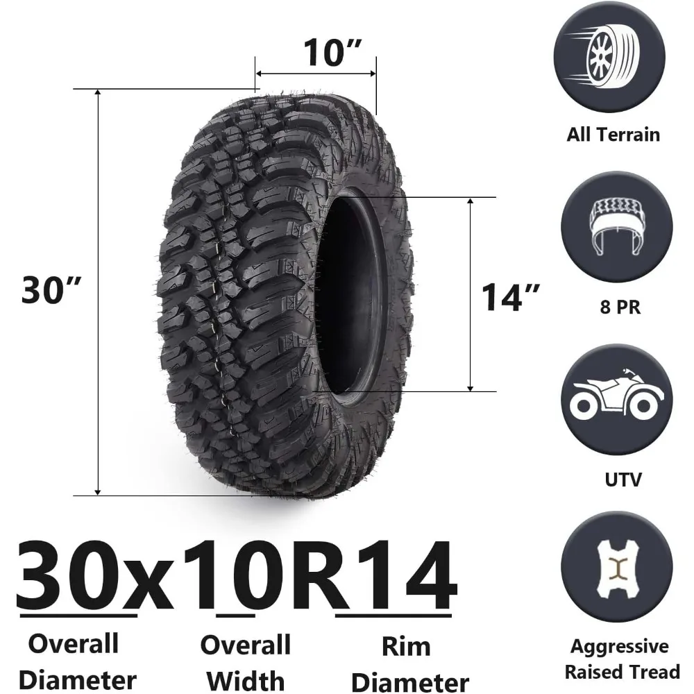 2-Pack 30x10R14 ATV Tires, 8PR All Terrain Tubeless UTV Tire for Trail, Mud & Sand, 30x10-14 Off-Road Tires with Aggressive Tread & Puncture Resistance