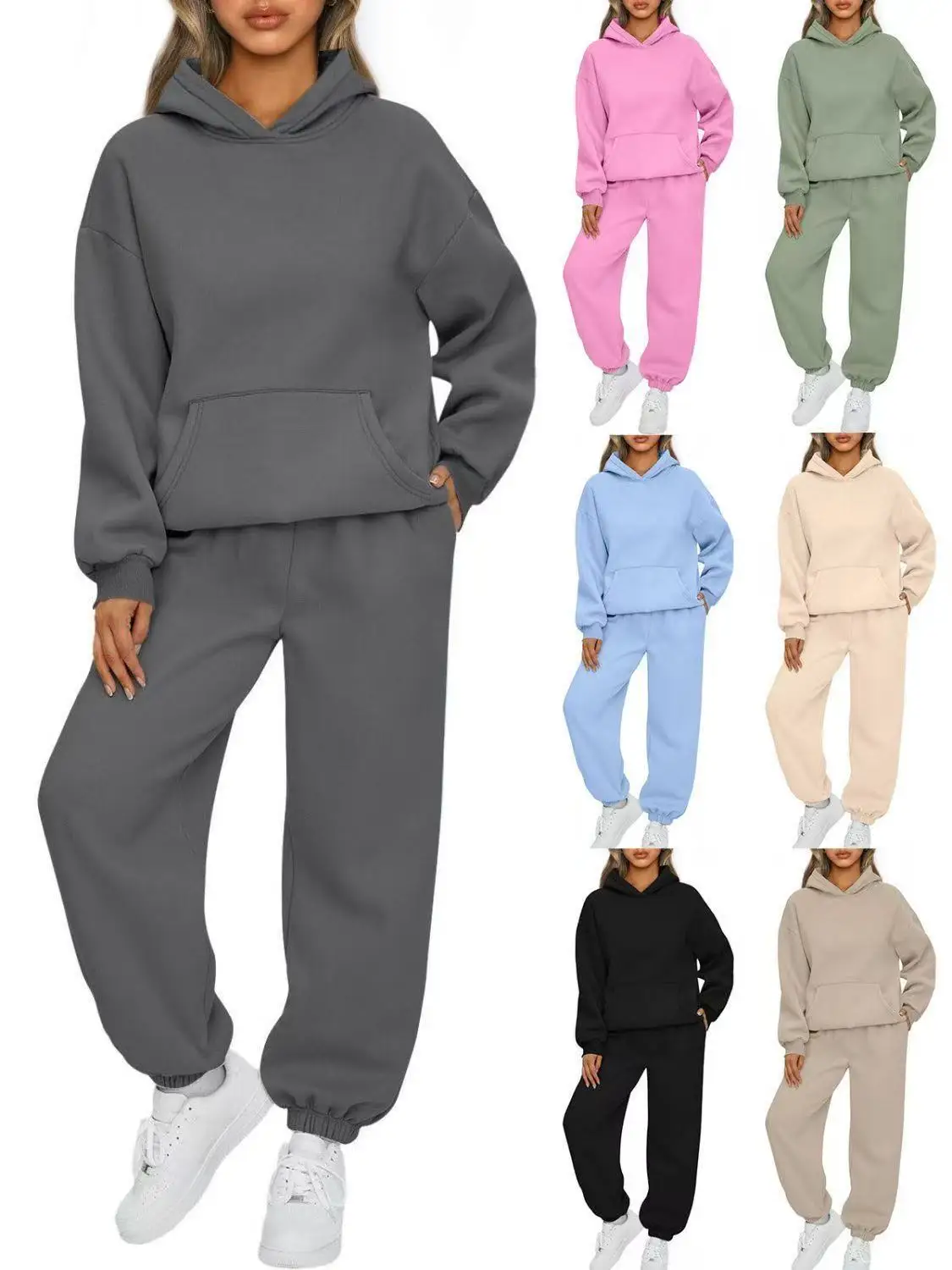 

New Men Women Tracksuit Hoodies Casual Solid Color Thick Pullover and Long Pant 2-piece Set Men Autumn Fleece Jogger Sports Suit
