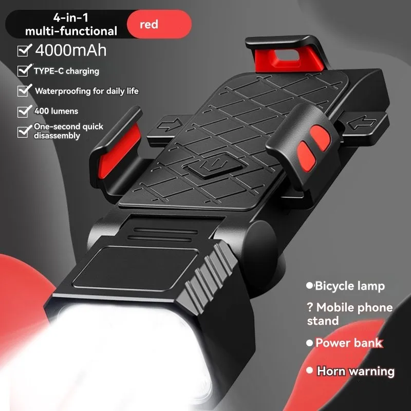

A74K-Bicycle Light With Horn, Phone Holder, 4-In-1 Design, Power Bank Function- Red Color Version