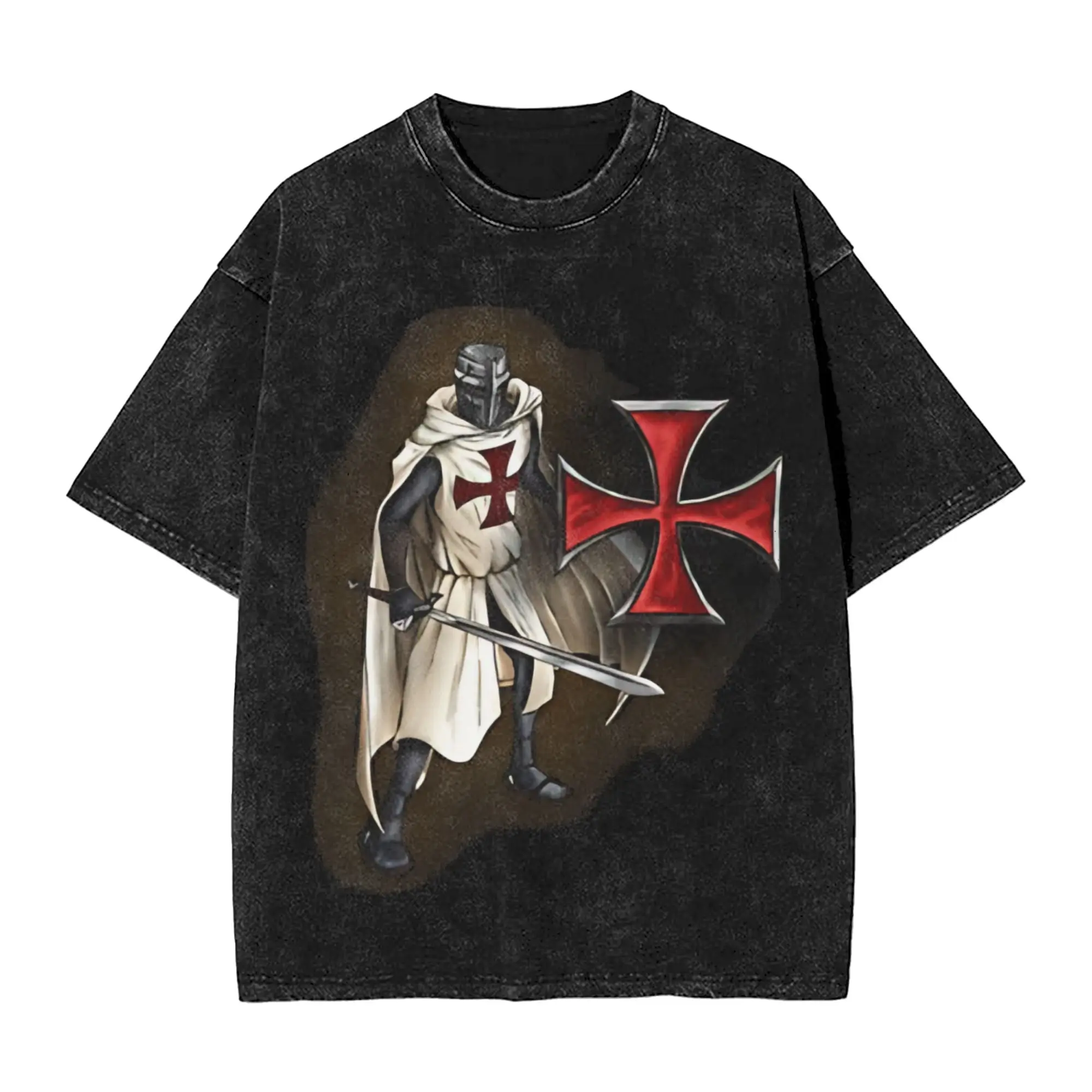 Harajuku Washed Shirt Deus Vult - The Templar Knight Apparel Cool T Shirt Oversize  Streetwear Cotton Printed Tees