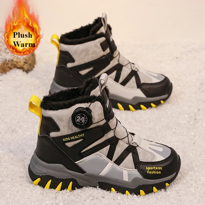 

Зимние детские походные ботинки с поворотной пряжкой, зимние ботинки для мальчиков и девочек, нескользящие кроссовки, теплые плюшевые детские повседневные ботильоны