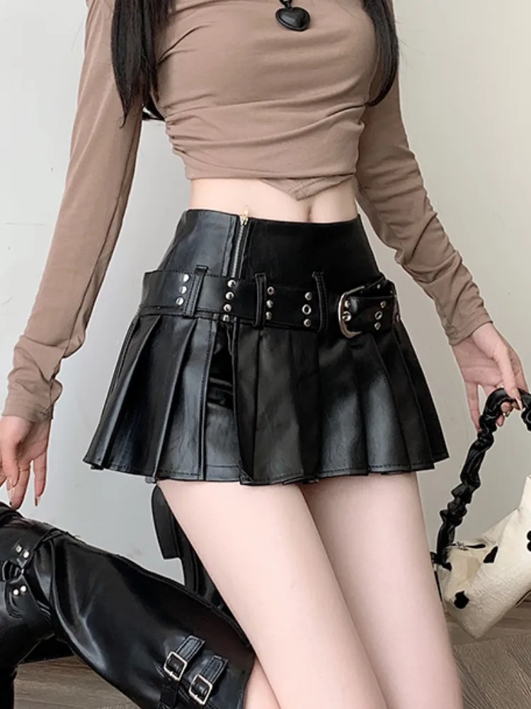 

Bla Retro PU Leather Skirt High Waist A-Line Pleated Women's Autumn Pure Desire Anti-Light Cheered Skirt