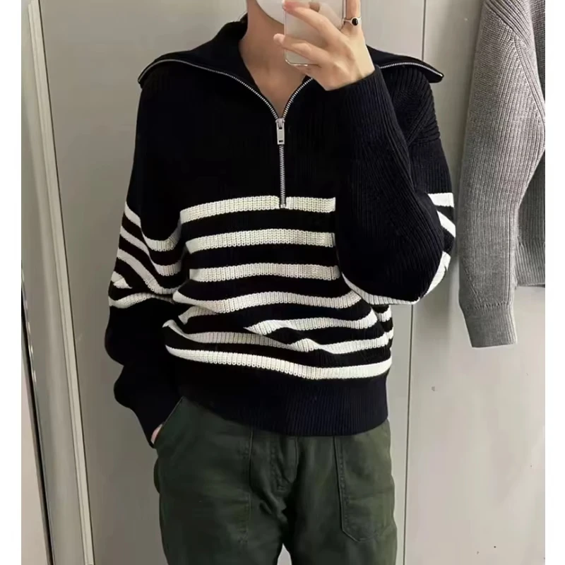 

Quarter Zip Collared Striped Sweater Knitted Pullover Women Long Sleeve Breton Striped Jumper Teen Girls Fall Winter Outfit