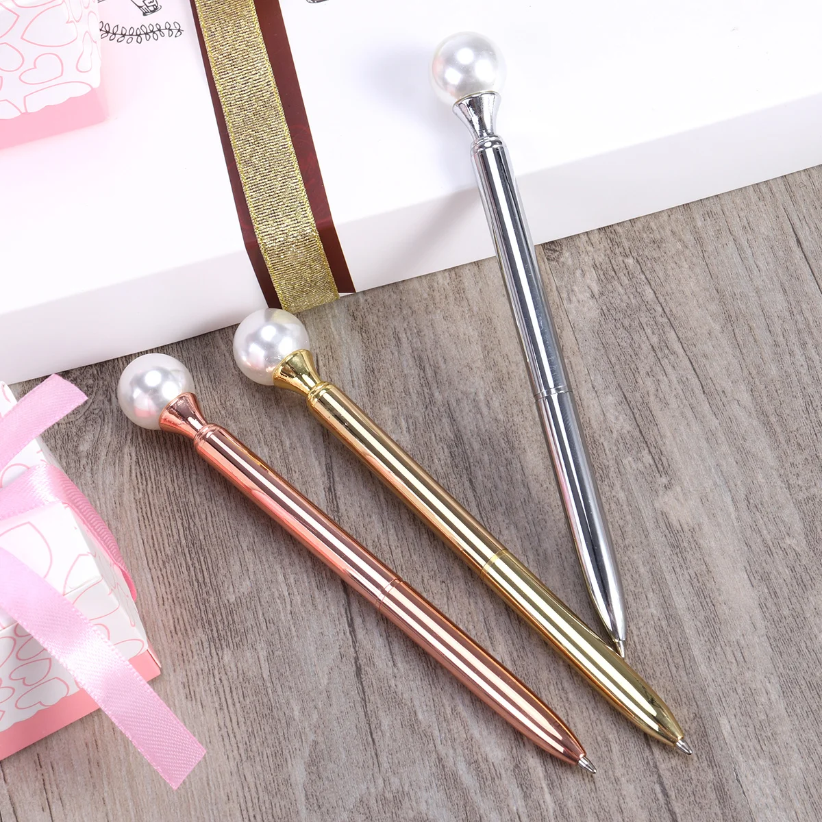 3pcs Metal Ballpoint Pen Large Pearl Design Smooth Writing Wear-Resistant For Office School Graduation Gift Fine Point Pens